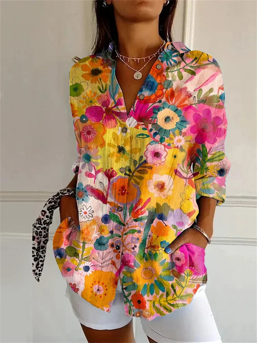 Lisandra - Blusón con estampado rosa en color amarillo